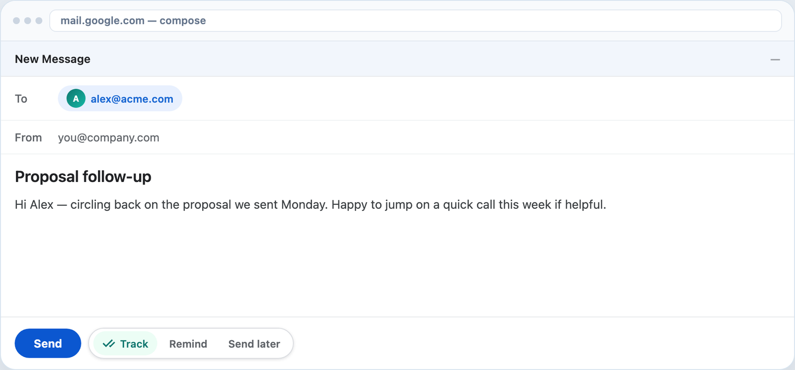 Gmail compose with Flexus TrackMail email tracker extension toolbar