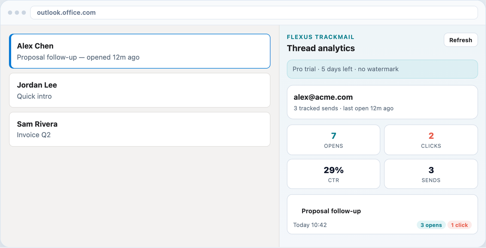 Outlook with Flexus TrackMail task pane analytics